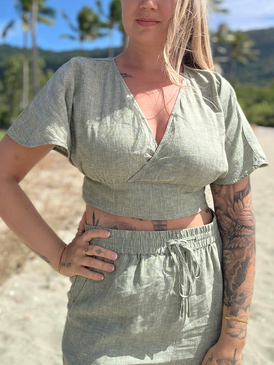 Back Tie T-Shirt - 100% Linen (Sage) ALKU clothing. Women's linen clothing. Lightweight summer style