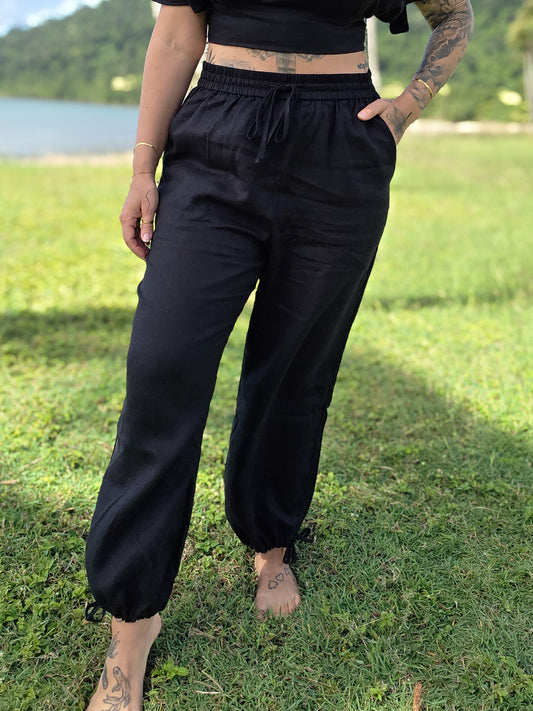 High waisted pure French linen pants for women. Comfortable, breathable and cooling summer clothing Australia.