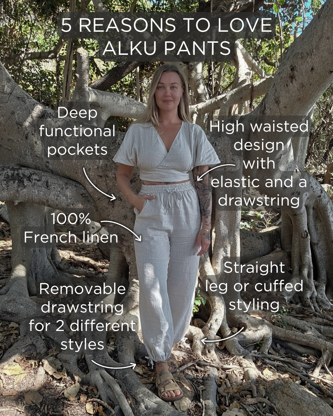 High Waisted Drawstring Pants - 100% Linen (Flax) ALKU clothing