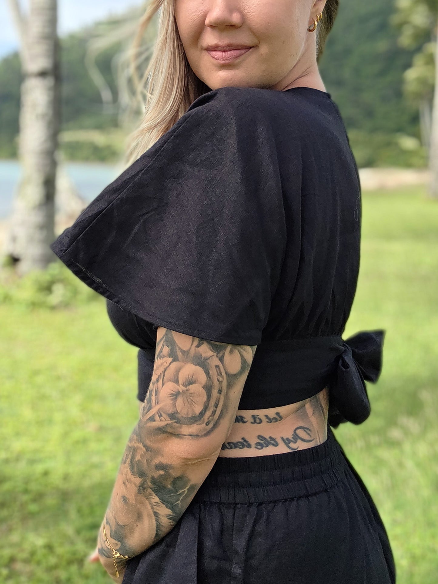 Pure linen black cropped top. Feminine open back with beautiful V-neck design for elevated summer evenings.