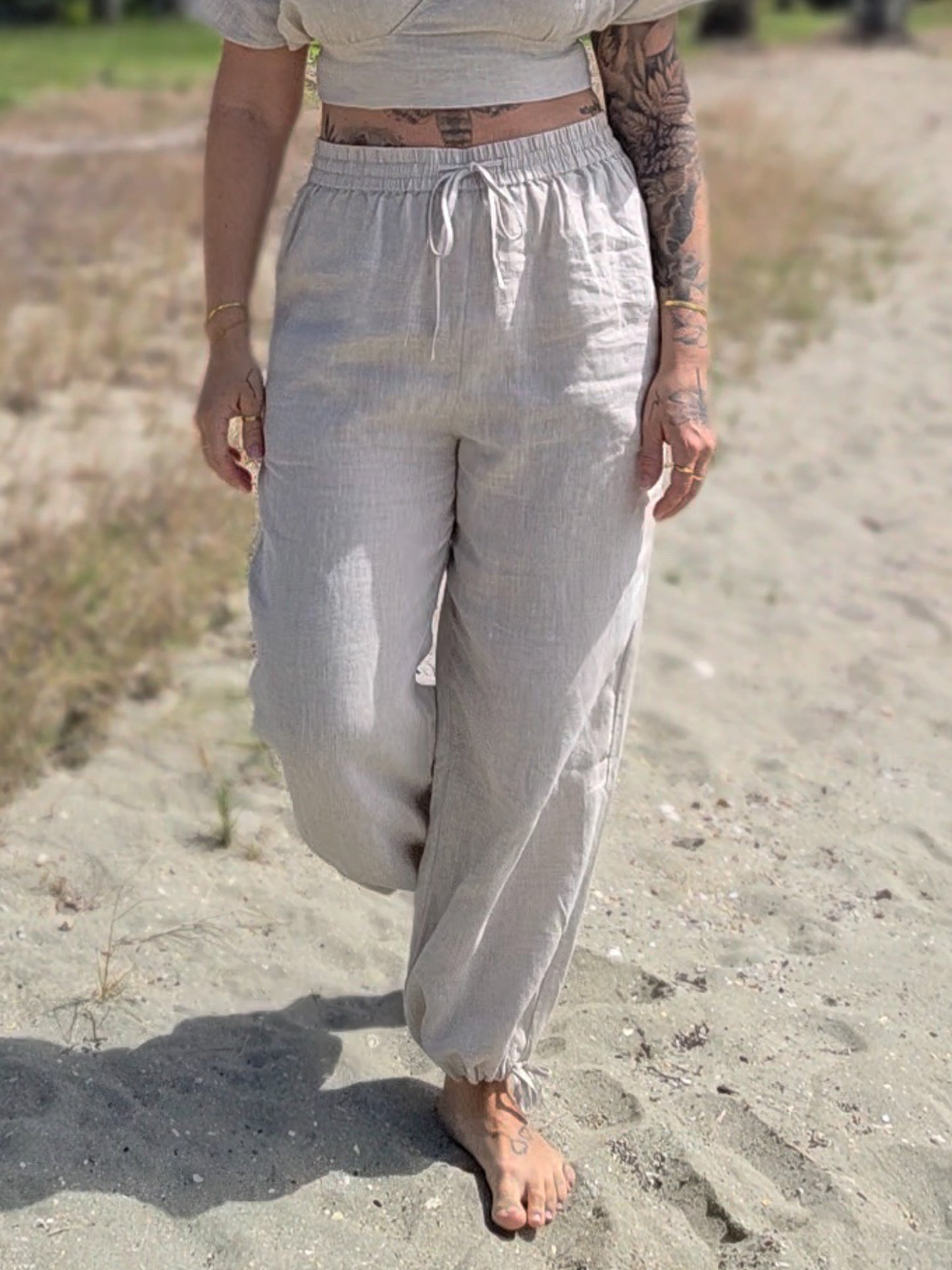 High Waisted Drawstring Pant - 100% Linen (Flax) ALKU clothing. Relaxed comfortable high waisted pants for women. Designed in Australia for Australian summer.