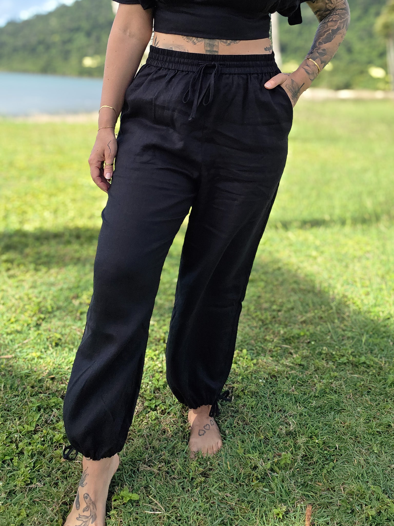 High waisted pure French linen pants for women. Comfortable, breathable and cooling summer clothing Australia. 