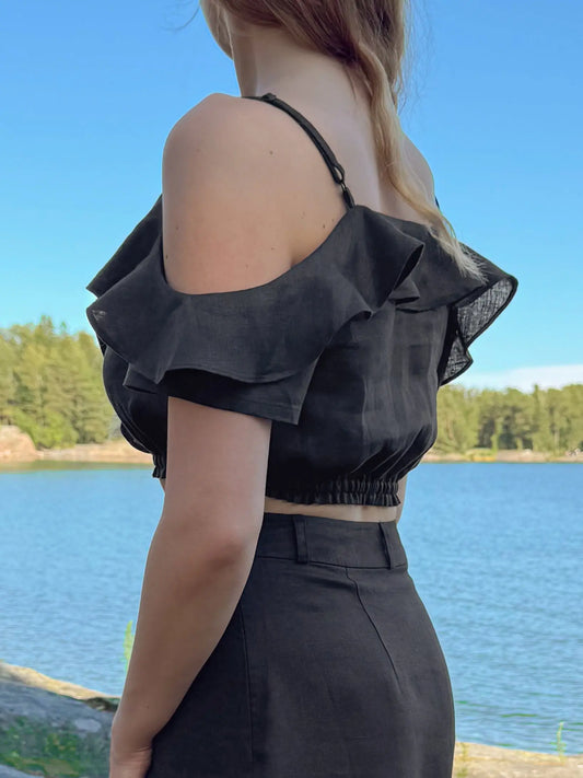 Premium black colored ruffle top in 100 percent pure French linen for a stylish summer look