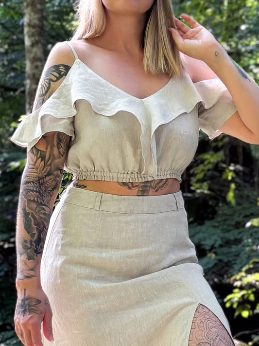 Lightweight pure linen summer top. Off-shoulder cropped linen top for feminine design. Clothing that feels as good as it looks.