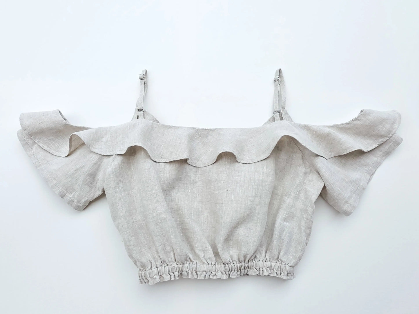 100% pure natural flax linen ruffle crop top in a refined natural texture. Flowing lightweight summer clothing. Cutest summer top
