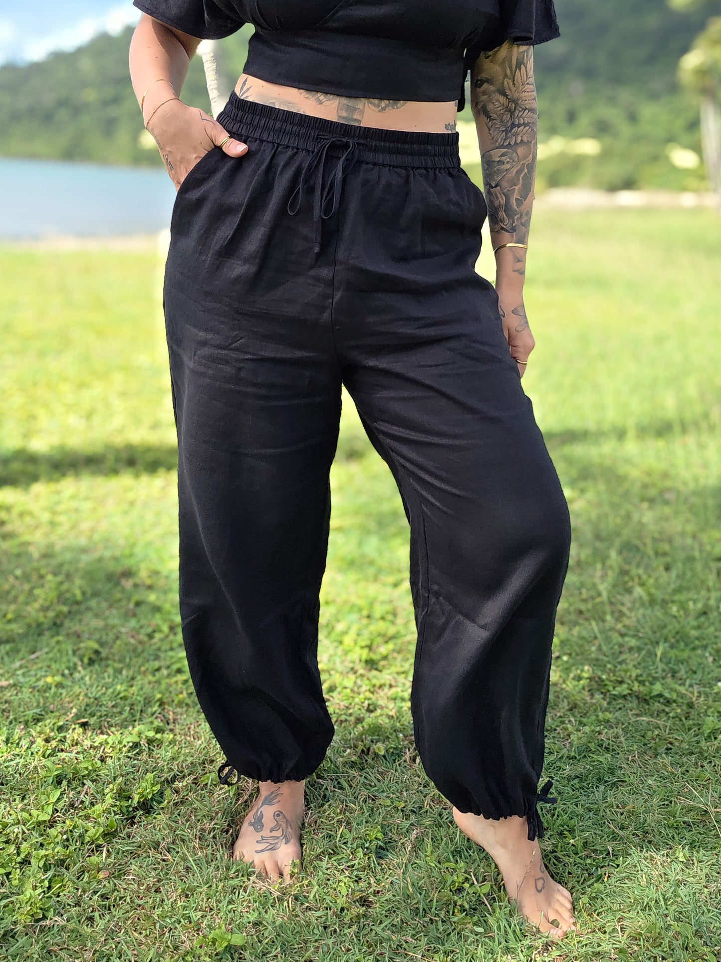 Women's High Waisted Drawstring Pant - 100% Linen (Black) ALKU clothing. Cuffed linen pants with wide leg design