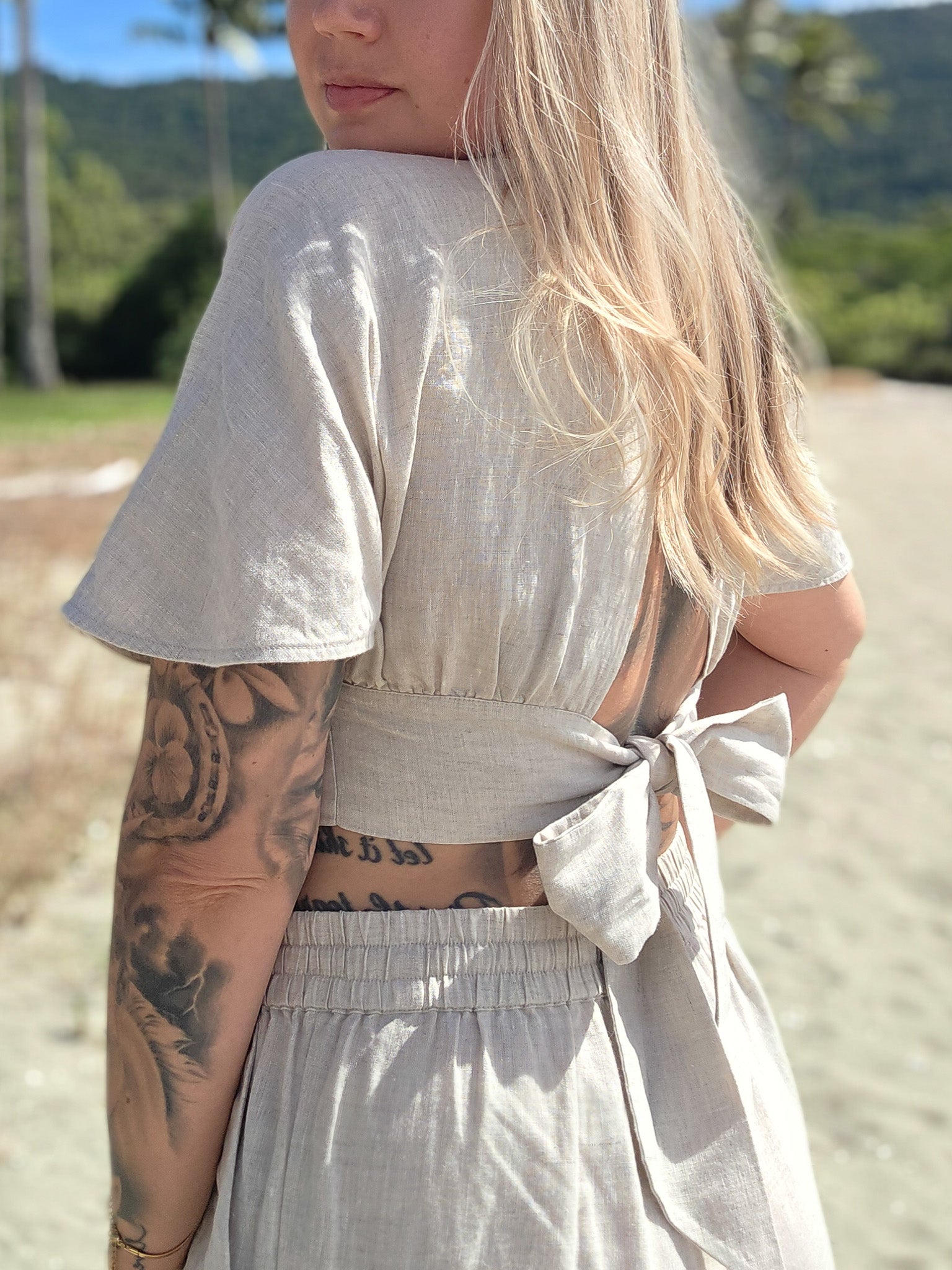 Back Tie T-Shirt - 100% Linen (Flax) ALKU clothing. Feminine linen clothing for flowy summer wardrobe.