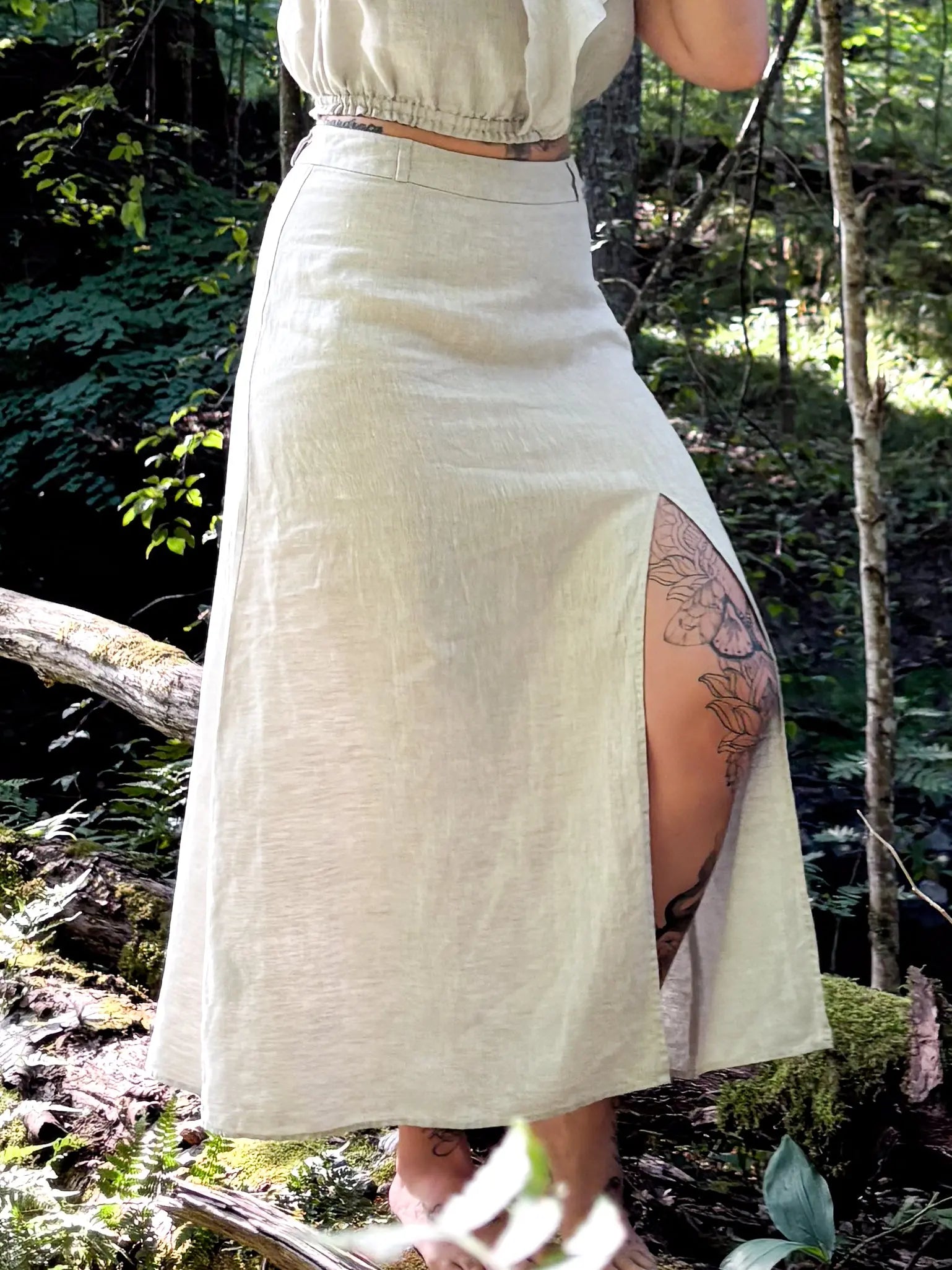 Lightweight linen skirt, breathable comfort for Australian summer style. Beige high waisted linen skirt