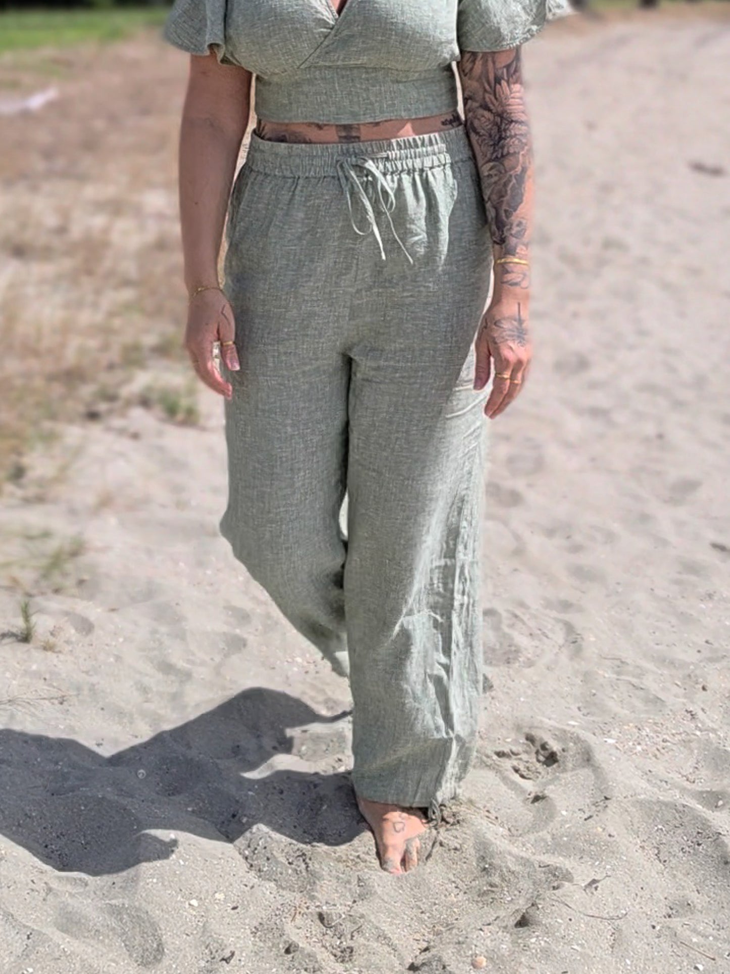 Sage green drawstring pant. Wide leg pants with optional drawstring for cuffed design. ALKU clothing - 100% linen clothing Australia