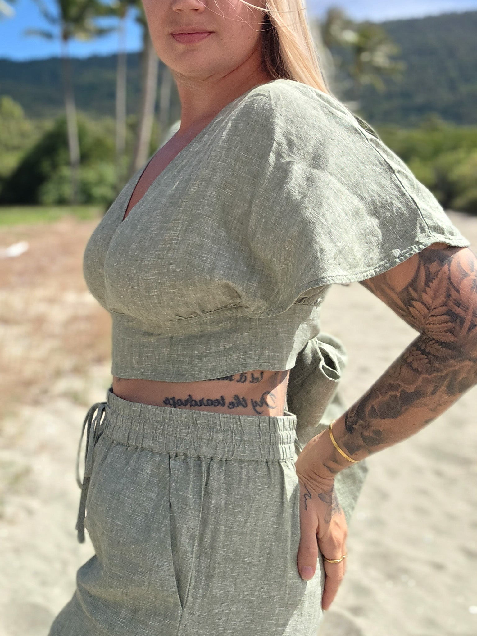 100% linen top for Australian summer. Breathable comfort for cutest summer outfits. Sage green cropped top.