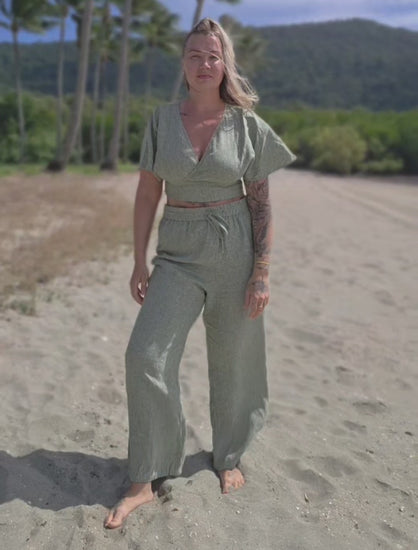 Women's linen beach style resort wear. 100% pure French linen pants in sage green colour for effortless summer style.