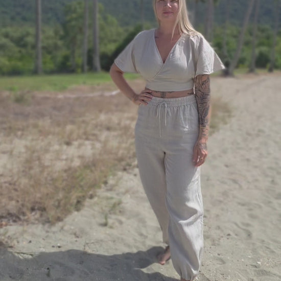 Premium French linen high waisted drawstring pants for women. Light beige colour for effortless summer look.