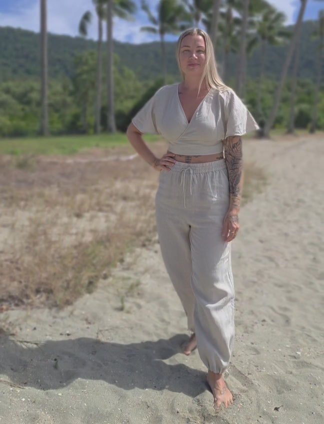 Premium French linen high waisted drawstring pants for women. Light beige colour for effortless summer look.
