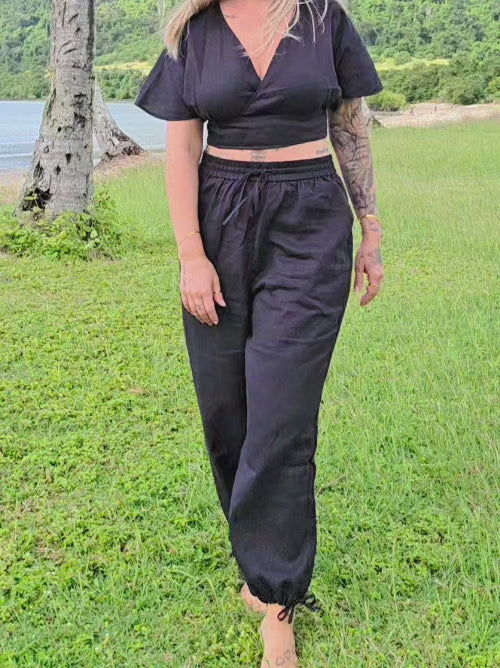 Black pure linen pants for women. Comfortable high waisted linen pants for everyday wear.
